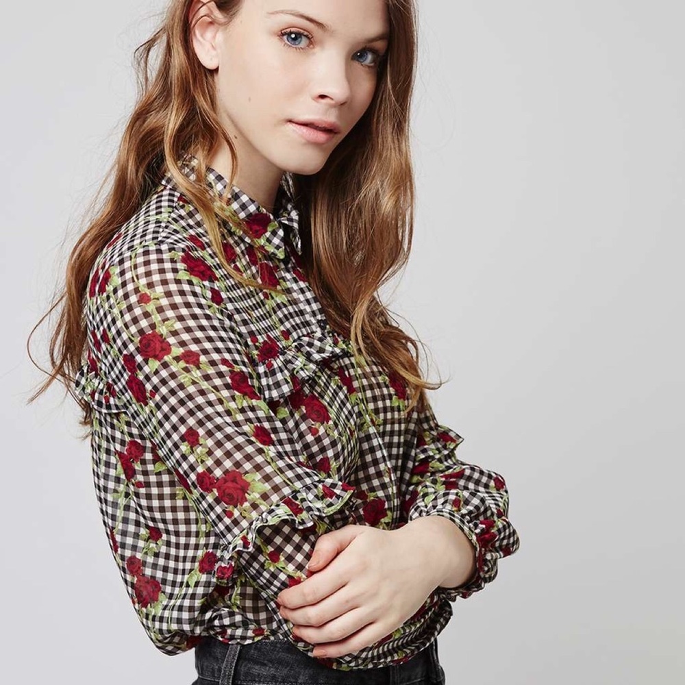 TOPSHOP Ruffled Gingham Top With Rose Pattern